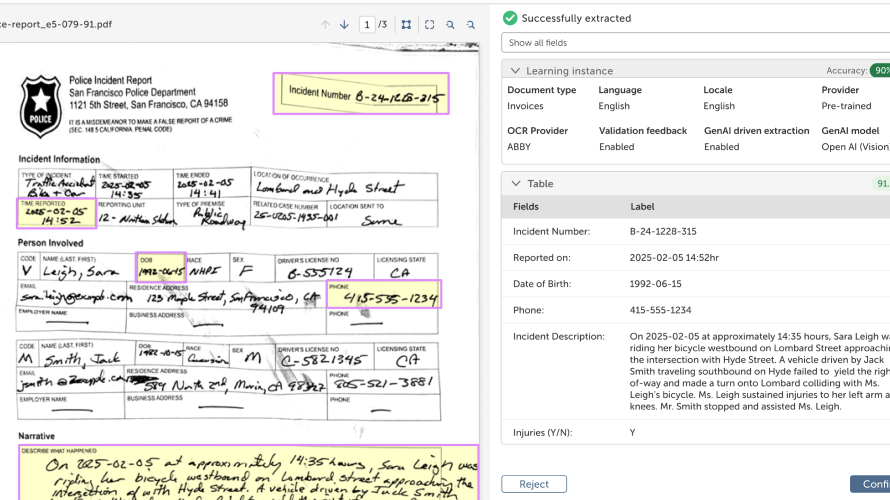 Document Automation interface showing AI-powered extraction of data from a police incident report