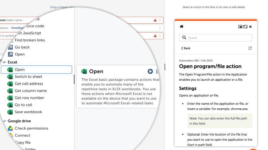 Integrated Help Center showing contextual documentation for the Open program/file action