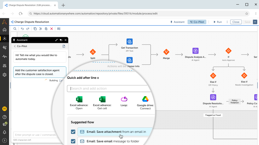 Process & Task Editor Interface showing a Charge Dispute Resolution workflow